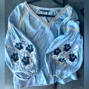 Zara embroidered blouse with puff sleeves  | size Small